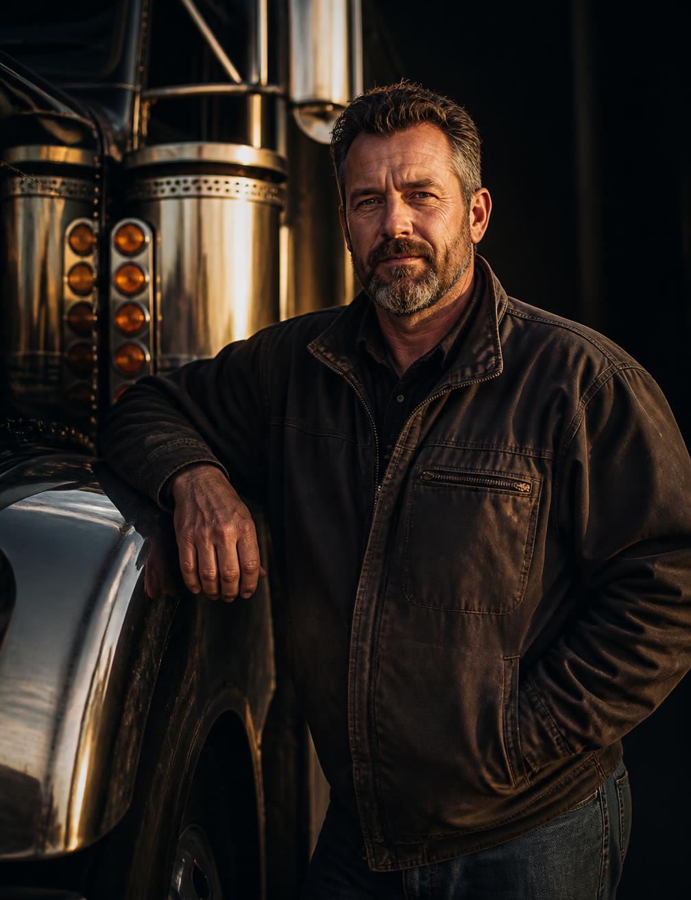 Professional American truck driver standing beside a chrome semi truck at dusk