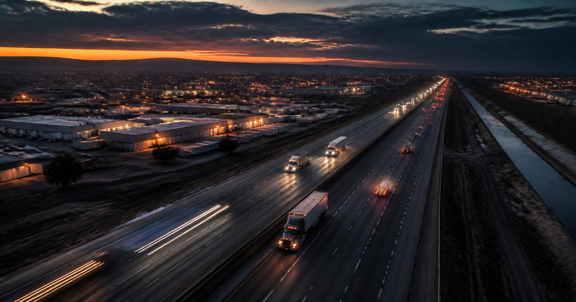 Aerial view of American semi trucks on a multi-lane interstate highway at twilight